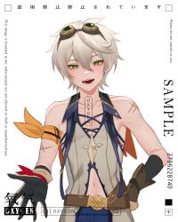 Rule 34 | 1boy, bandaid, bandaid on face, bandaid on nose, bennett (genshin impact), blonde hair, commission, genshin impact, gloves, goggles, goggles on head, green eyes, grey hair, hair between eyes, highres, long hair, male focus, open mouth, oxygen (0220), scar, shorts, sleeveless, smile, solo, twitter username, white background, white hair
