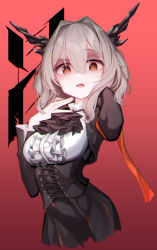 Rule 34 | 1girl, absurdres, arknights, arm up, armband, ascot, beudelb, black ascot, black dress, breasts, cropped torso, dragon girl, dragon horns, dress, grey hair, hair between eyes, hair intakes, hand up, highres, horns, long sleeves, looking at viewer, medium breasts, open mouth, orange ribbon, red background, reunion logo (arknights), ribbon, short hair, simple background, solo, talulah (arknights), upper body