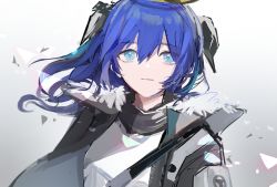 Rule 34 | 1girl, arknights, blue eyes, blue hair, commentary request, female focus, gradient background, grey background, grey jacket, hair between eyes, halo, horns, jacket, long hair, looking at viewer, mostima (arknights), open clothes, open jacket, shinonome nemu (nemulog sn), shirt, shoulder strap, solo, upper body, white shirt