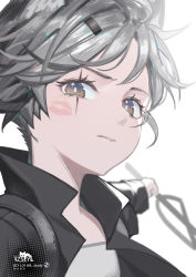 Rule 34 | 1girl, absurdres, alternate hair length, alternate hairstyle, arknights, artist logo, artist name, black jacket, blurry, brown eyes, depth of field, grey hair, hair ornament, highres, holding, holding sword, holding weapon, izsly, jacket, lappland (arknights), lipstick mark, looking at viewer, open clothes, open jacket, portrait, scar, scar across eye, scar on face, shirt, simple background, solo, sword, twitter username, upper body, weapon, white background, white shirt