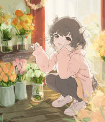 Rule 34 | 1girl, :d, animal ear fluff, animal ears, black hair, black pantyhose, brown eyes, brown flower, brown hair, brown skirt, commentary request, dog ears, dog girl, dog tail, flower, hood, hood down, hooded jacket, indoors, jacket, kinutani yutaka, long sleeves, looking at viewer, open clothes, open jacket, open mouth, original, pantyhose, pink flower, pink jacket, pleated skirt, rose, shoes, short eyebrows, skirt, sleeves past wrists, smile, solo, squatting, tail, thick eyebrows, vase, white flower, white footwear, white rose, yellow flower