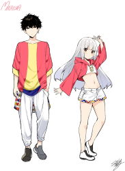 Rule 34 | 1boy, 1girl, arm up, bare legs, black eyes, black footwear, black hair, brown eyes, commentary request, crop top, crop top overhang, expressionless, flat chest, full body, height difference, highres, hood, hood down, hoodie, long hair, long sleeves, looking at viewer, midriff, navel, olympics, original, pants, red hoodie, red shirt, shirt, shoes, short shorts, shorts, simple background, sky-freedom, sneakers, stomach, thighs, two-tone shirt, white background, white hair, white pants, white shorts, wide sleeves