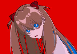 Rule 34 | 1girl, absurdres, artist request, blue eyes, brown hair, expressionless, highres, interface headset, lips, long hair, looking at viewer, neon genesis evangelion, open mouth, plugsuit, red background, school uniform, souryuu asuka langley, tokyo-3 middle school uniform, very long hair