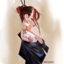 Rule 34 | 1girl, black jacket, commentary, english commentary, eyeshadow, flower tattoo, hair ornament, hair stick, hand on own neck, jacket, japanese clothes, lipstick, long hair, looking at viewer, makeup, original, philtomato, signature, simple background, solo, tattoo