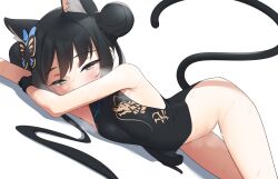 Rule 34 | 1girl, absurdres, animal ear fluff, animal ears, bare arms, black dress, black hair, blue archive, blush, butterfly hair ornament, cat ears, cat tail, china dress, chinese clothes, double bun, dragon print, dress, grey eyes, hair bun, hair ornament, highres, kijikoru, kisaki (blue archive), long hair, looking at viewer, lying, no panties, on side, simple background, solo, sweat, tail, twintails, white background