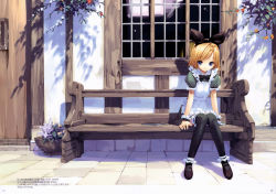 Rule 34 | 1girl, absurdres, alice in wonderland, alternate costume, ankle garter, bench, blonde hair, blue eyes, bow, enmaided, hair bow, highres, kagamine rin, maid, short hair, sitting, solo, thighhighs, ueda ryou, vocaloid, window, wrist cuffs