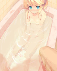 Rule 34 | 1girl, barefoot, bath, bathing, bathtub, between legs, blonde hair, blue eyes, blush, breasts, censored, convenient censoring, esia mariveninne (komone ushio), from above, hand between legs, komone ushio, long hair, looking at viewer, looking up, mixed-sex bathing, navel, nude, original, partially submerged, ponytail, pov, shared bathing, sitting, small breasts, solo focus, v arms, water, wet