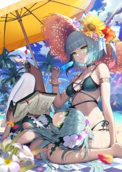 Rule 34 | 2girls, absurdres, afk arena, anklet, armlet, bare shoulders, barefoot, beach, beach towel, beach umbrella, bikini, blue bikini, blue choker, blue flower, blue one-piece swimsuit, blue sky, blunt bangs, blurry, blurry foreground, book, bracelet, breasts, brown headwear, choker, cloud, commentary, day, flower, flower anklet, green eyes, hair flower, hair ornament, hat, hat flower, hibiscus, highres, holding, holding book, huge filesize, isabella (afk arena), jewelry, lap pillow, large breasts, long hair, looking at viewer, lying, multiple girls, on back, one-piece swimsuit, open book, outdoors, palm tree, petals, purple flower, red flower, short hair, side-tie bikini bottom, sideboob, silver hair, silvina (afk arena), single thighhigh, sitting, sky, stomach, straw hat, sun hat, sunflower, swimsuit, thighhighs, towel, tree, umbrella, white flower, white legwear, yellow flower, yuri (chocho q)