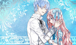 Rule 34 | 1boy, 1girl, blue background, blue eyes, blue hair, bow, bracelet, couple, dress, closed eyes, formal, gloves, hair between eyes, hair bow, hair ornament, hetero, jewelry, kaito (vocaloid), long hair, long sleeves, looking at another, looking down, megurine luka, nail polish, open mouth, pink hair, project diva, project diva (series), project diva 2nd, short hair, short sleeves, smile, striped, suit, upper body, vocaloid, white gloves, witchonly