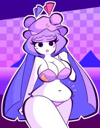 Rule 34 | 1girl, :o, arm behind back, beach, belly, bikini, black eyes, blush stickers, breasts, checkered background, cleavage, crescent moon, curvy, eyelashes, hat, highres, large breasts, long hair, mob cap, moon, mountain, navel, nervous, ocean, patchouli knowledge, plump, purple background, purple hair, solid circle eyes, solo, standing, sweatdrop, swimsuit, thick thighs, thighs, touhou, very long hair, wide hips, woah maaan