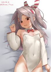 Rule 34 | 1girl, absurdres, brown eyes, brown hair, covered navel, detached collar, detached sleeves, embarrassed, flat chest, hachimaki, haruno plum, headband, high ponytail, highres, kantai collection, leotard, light brown hair, looking at viewer, lying, playboy bunny, ponytail, solo, strapless, strapless leotard, striped headband, white leotard, wrist cuffs, zuihou (kancolle)