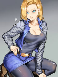 Rule 34 | 1girl, android 18, blonde hair, blouse, blue eyes, breasts, cleavage, denim, denim jacket, denim skirt, dragon ball, dragonball z, earrings, gradient background, grey background, highres, jacket, jewelry, kumiko shiba, looking at viewer, medium breasts, pantyhose, parted lips, revision available, shirt, short hair, skirt, smile, solo, striped clothes, striped shirt, thighs