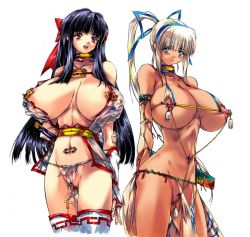 Rule 34 | 2girls, arms behind back, belt, bikini, black hair, blue eyes, blush, bow, breastless clothes, breasts, brown eyes, catheter, chain, choker, cleavage, clitoris piercing, clitoris ring, dark-skinned female, dark skin, functionally nude, fundoshi, gloves, hair bow, hair ornament, hair ribbon, hairband, huge breasts, japanese clothes, jpeg artifacts, labia piercing, large breasts, linked piercing, linked piercings, long hair, majikina mina, micro bikini, multiple girls, nakoruru, navel, navel piercing, nipple piercing, nipple rings, nippleless clothes, nipples, no bra, no panties, object insertion, open clothes, open mouth, open shirt, pee, peeing, peeing self, piercing, ponytail, pubic hair, pussy, pussy piercing, q azieru, red eyes, revealing clothes, ribbon, samurai spirits, see-through, sex toy, shirt, simple background, smile, snk, swimsuit, thighhighs, uncensored, urethral insertion, vibrator, white background, white hair