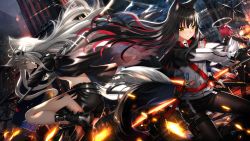 Rule 34 | 3girls, animal ear fluff, animal ears, arknights, black capelet, black footwear, black hair, black jacket, black legwear, black shorts, black skirt, boots, breasts, brown eyes, building, capelet, closed mouth, commentary request, exusiai (arknights), facing away, fire, floating hair, gloves, grey eyes, hair between eyes, hair ornament, halo, highres, holding, holding sheath, holding sword, holding weapon, hood, hood down, hooded jacket, jacket, lappland (arknights), long hair, long sleeves, looking at viewer, looking away, material growth, medium breasts, multicolored hair, multiple girls, oripathy lesion (arknights), outdoors, pantyhose, pantyhose under shorts, profile, red hair, sheath, shirt, shoe soles, short hair, short shorts, shorts, silver hair, skirt, smile, standing, sword, swordsouls, tail, texas (arknights), torn clothes, torn shorts, two-tone hair, unsheathing, very long hair, weapon, white gloves, white shirt, wide sleeves