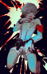 Rule 34 | 1boy, absurdres, arknights, armband, bishounen, coat, finger to mouth, full body, green eyes, highres, hinskira, licking, licking finger, looking at viewer, male focus, mephisto (arknights), open mouth, short hair, shorts, simple background, solo, thighs, tongue, tongue out, white coat