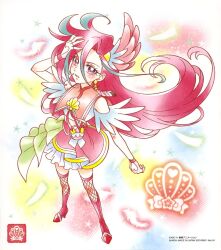 Rule 34 | 1girl, blue hair, blush, cure flamingo, earrings, feather earrings, feathers, fingerless gloves, full body, gloves, highres, jewelry, long hair, magical girl, multicolored hair, official art, precure, purple eyes, red footwear, red hair, red sailor collar, sailor collar, shell brooch, solo, standing, streaked hair, takizawa asuka, third-party source, tropical-rouge! precure, white gloves