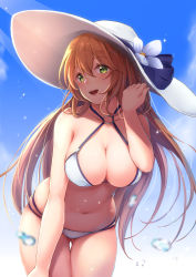 Rule 34 | 1girl, :d, bikini, bit (keikou syrup), blue sky, blurry, blush, breasts, brown hair, cleavage, cowboy shot, criss-cross halter, day, depth of field, female focus, flower, girls&#039; frontline, gluteal fold, green eyes, tucking hair, halterneck, hand up, hat, hat flower, highres, large breasts, long hair, looking at viewer, multi-strapped bikini, navel, o-ring, o-ring bikini, o-ring top, official alternate costume, open mouth, outdoors, sky, smile, solo, springfield (girls&#039; frontline), springfield (senjuushi), springfield (stirring mermaid) (girls&#039; frontline), swimsuit, thigh gap, white bikini