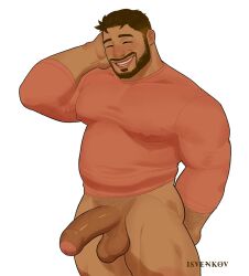 Rule 34 | 1boy, ^ ^, alternate muscle size, bara, beard, belly, bottomless, brown hair, closed eyes, coral island, covered erect nipples, cowboy shot, dark-skinned male, dark skin, facial hair, foreskin, full beard, girthy penis, half-erect, highres, isvenkov, large pectorals, male focus, mature male, muscular, muscular male, pectorals, penis, rafael (coral island), short hair, shy, solo, standing, thick eyebrows, thick thighs, thighs, uncensored
