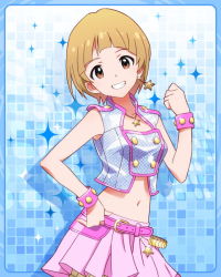 Rule 34 | 10s, 1girl, :d, blonde hair, blue background, bracelet, brown eyes, card (medium), clenched hand, crop top, earrings, female focus, fukuda noriko, grin, hand on own hip, idolmaster, idolmaster million live!, jewelry, kawakami tetsuya, looking at viewer, million dreams (idolmaster), navel, necklace, official art, open mouth, short hair, skirt, smile, solo