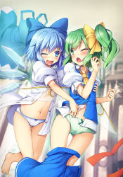 Rule 34 | 2girls, ;d, ;o, ascot, barefoot, blue bow, blue dress, blue eyes, blue hair, blue skirt, blush, bow, bow panties, cameltoe, chima q, cirno, clothes pull, commentary request, daiyousei, dress, unworn dress, fairy wings, gluteal fold, grabbing, grabbing another&#039;s breast, grabbing from behind, green eyes, green hair, green panties, hair bow, hair ribbon, highres, ice, ice wings, multiple girls, navel, no pants, one eye closed, open clothes, open mouth, open shirt, panties, pinafore dress, puffy short sleeves, puffy sleeves, ribbon, shirt, short hair, short sleeves, side ponytail, skirt, skirt pull, sleeveless dress, smile, standing, stomach, thighs, touhou, unbuttoned, underwear, white panties, white shirt, wince, wings, yellow ascot, yellow ribbon, yuri