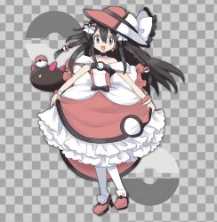 Rule 34 | 1girl, alternate costume, back bow, bare shoulders, black choker, black hair, bow, bracelet, braid, checkered background, choker, collarbone, creatures (company), dress, earrings, female focus, flat chest, frilled dress, frills, full body, game freak, gen 7 pokemon, grey background, grey eyes, hair between eyes, hair bow, hair ornament, happy, hat, high heels, jewelry, jpeg artifacts, long hair, looking at viewer, namako plum, nintendo, off shoulder, official style, open mouth, pantyhose, pink eyes, plum (vtuber), plum no bouken note, poke ball, poke ball (basic), poke ball symbol, pokemon, pokemon (creature), pyukumuku, red dress, red footwear, red headwear, shoes, simple background, smile, solo focus, standing, sun hat, twin braids, two-tone background, virtual youtuber, white pantyhose