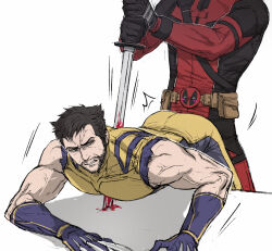 Rule 34 | 2boys, animification, ass, ass press, beard, belt, black gloves, blood, bloody weapon, blue gloves, blush, bodysuit, brown hair, claw (weapon), clenched teeth, deadpool, deadpool &amp; wolverine, deadpool (series), facial hair, gloves, gyeleul, highres, holding, holding sword, holding weapon, impaled, injury, katana, male focus, marvel, marvel cinematic universe, mask, multiple boys, muscular, muscular male, pectorals, red bodysuit, sleeveless, stab, superhero costume, sword, teeth, two-tone bodysuit, utility belt, veins, violence, weapon, wolverine (x-men), x-men, yaoi, yellow bodysuit