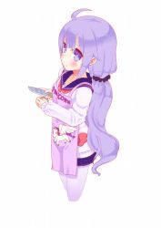 Rule 34 | 1girl, ahoge, apron, azur lane, blush, closed mouth, cowboy shot, cropped legs, hair ornament, hair scrunchie, highres, holding, holding knife, hujikok, knife, long hair, long sleeves, looking at viewer, pantyhose, pleated skirt, pout, purple eyes, purple hair, scrunchie, simple background, skirt, solo, unicorn (long-awaited date) (azur lane), unicorn (azur lane), white background, white pantyhose, winged unicorn
