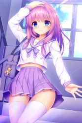 Rule 34 | 1girl, arm up, bag, bag charm, blue eyes, blush, bow, charm (object), closed mouth, commentary request, hand on own head, highres, indoors, long hair, long sleeves, looking at viewer, midriff peek, multicolored hair, navel, original, pink hair, pleated skirt, purple bow, purple hair, purple sailor collar, purple skirt, sailor collar, school bag, school uniform, serafuku, shirt, skirt, smile, solo, stairs, stuffed animal, stuffed toy, teddy bear, thighhighs, two-tone hair, umitonakai, very long hair, white shirt, white thighhighs, window