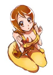 Rule 34 | 10s, 1girl, barefoot, bow, breasts, brown eyes, brown hair, chiyo (rotsurechiriha), cleavage, full body, happinesscharge precure!, kneeling, large breasts, naked overalls, oomori yuuko, overalls, precure, short hair, solo, thigh gap, white background