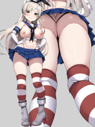 Rule 34 | 1girl, absurdres, animal ears, ass, black neckerchief, blue sailor collar, blue skirt, blush, boots, breasts, breasts out, brown eyes, butt crack, closed mouth, collarbone, commentary request, conte di cavour (kancolle), cosplay, embarrassed, fake animal ears, gluteal fold, grey background, grey footwear, halter shirt, halterneck, hands on own hips, highleg, highleg panties, highres, kantai collection, large breasts, light brown hair, long hair, miniskirt, multiple views, navel, neckerchief, nipples, panties, pleated skirt, rabbit ears, sailor collar, scowl, shimakaze (kancolle), shimakaze (kancolle) (cosplay), simple background, skirt, standing, stomach, striped clothes, striped thighhighs, thighhighs, thong, torisan, underwear