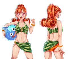 Rule 34 | 1girl, :d, abs, alena (dq4), ass, atarime (atarimemakaron), bikini, blush, bracelet, breasts, clenched hand, commentary request, curly hair, dragon quest, dragon quest iv, earrings, green bikini, inflatable toy, jewelry, long hair, medium breasts, midriff, multiple views, navel, open mouth, orange bikini, orange hair, ponytail, red eyes, simple background, slime (dragon quest), smile, sparkle, swimsuit, two-tone bikini, white background