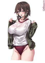 Rule 34 | 1girl, blush, breasts, brown hair, buruma, commentary request, cowboy shot, ebifurya, grey eyes, gym shirt, hair between eyes, hayasui (kancolle), highres, jacket, kantai collection, large breasts, looking at viewer, open mouth, shirt, short hair, simple background, smile, solo, sweat, track jacket, twitter username, wet, wet clothes, wet shirt, white background