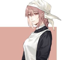 Rule 34 | 1girl, alternate costume, apron, black shirt, braid, closed mouth, fate/grand order, fate (series), florence nightingale (fate), head scarf, hug (yourhug), long hair, long sleeves, pink hair, red eyes, shirt, sidelocks, single braid, smile, solo, tsurime, two-tone background, upper body, white apron