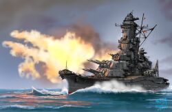 battleship cannon commission firing highres imperial_japanese_navy military military_vehicle muzzle nendoyo no_humans ocean original ship skeb_commission smoke vehicle_focus warship watercraft waves world_war_ii yamato_(battleship)