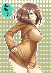 Rule 34 | 10s, 1girl, bad id, bad nicoseiga id, blue eyes, blush, breasts, brown hair, cleavage, cleavage cutout, clothes tug, clothing cutout, cowboy shot, hair ornament, hand on own hip, highres, kantai collection, koruta (nekoimo), large breasts, looking at viewer, maya (kancolle), meme attire, open-chest sweater, open mouth, ribbed sweater, short hair, solo, standing, sweater, sweater tug, tongue, turtleneck