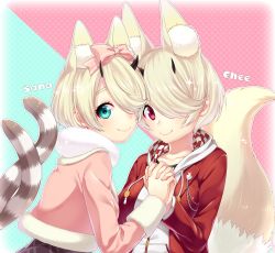 Rule 34 | 2girls, absurdres, animal ears, bad id, bad pixiv id, blonde hair, blue eyes, blush, bow, breasts, cat ears, cat tail, character name, character request, english text, fox ears, fox tail, hair bow, hair over one eye, holding hands, highres, hood, hoodie, horns, jacket, large breasts, long sleeves, looking at viewer, multiple girls, phantasy star, phantasy star online 2, pink bow, pink jacket, red eyes, sakura chiyo (konachi000), short hair, smile, tail, text focus