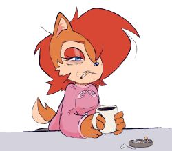 Rule 34 | 1girl, animal ears, animal nose, ashtray, bags under eyes, blouse, blue eyes, blush, breasts, cigarette, coffee, cup, drink, exhausted, female focus, flat color, furry, furry female, hair over one eye, half-closed eyes, highres, holding, holding cup, holding drink, leaning forward, light blush, long sleeves, medium breasts, messy hair, mouth hold, mug, one eye covered, parted lips, pink shirt, red hair, sally acorn, shirt, short hair, simple background, sitting, sketch, smoke, smoking, solo, sonic (series), stellarspin, tail, upper body, white background