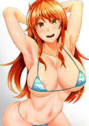 Rule 34 | 1girl, absurdres, armpits, arms behind head, bikini, blush, breasts, cleavage, female focus, highres, huge breasts, imajin koji, large breasts, long hair, looking at viewer, nami (one piece), navel, one piece, open mouth, orange eyes, orange hair, smile, solo, stomach, sweat, swimsuit, white background