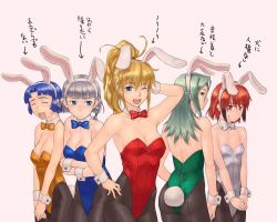 Rule 34 | 5girls, animal ears, arm up, artist request, banpresto, bare shoulders, black legwear, blonde hair, blue bow, blue eyes, blue hair, blue leotard, bow, bowtie, breast hold, breasts, brown hair, rabbit ears, cleavage, closed mouth, detached collar, embarrassed, everyone, excellen browning, closed eyes, fake animal ears, green eyes, green hair, green leotard, grey bow, grey leotard, ibis douglas, kusuha mizuha, lamia loveless, leotard, looking at another, looking at viewer, looking back, medium breasts, multiple girls, open mouth, pantyhose, playboy bunny, ponytail, red bow, red eyes, red leotard, seolla schweizer, shy, silver hair, small breasts, smile, standing, strapless, strapless leotard, super robot wars, translated, wrist cuffs, yellow bow, yellow leotard
