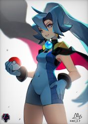 Rule 34 | 1girl, black cape, black choker, blue bodysuit, bodysuit, cape, choker, chromatic aberration, clair (pokemon), commentary request, covered navel, cowboy shot, creatures (company), dated, earrings, game freak, gem, gloves, grin, hair between eyes, hand on own hip, highres, holding, holding poke ball, jewelry, lanter qwq, long hair, nintendo, pearl (gemstone), poke ball, poke ball (basic), pokemon, pokemon hgss, ponytail, smile, solo, teeth, tooth earrings