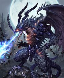 Rule 34 | 10s, 1boy, artist request, blue fire, breath weapon, breathing fire, broken, broken chain, castle, chain, claws, cuffs, cygames, dragon, dragon horns, dragon tail, dragon wings, fire, glowing, glowing eyes, horns, moon, official art, open mouth, red eyes, scales, shackles, shadowverse, shingeki no bahamut, tail, teeth, wings