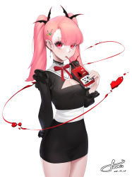 Rule 34 | 1girl, absurdres, arm behind back, bat hair ornament, black dress, blood, blunt bangs, breasts, cleavage, commentary request, cowboy shot, cup, dress, drinking, drinking blood, drinking straw, earrings, fei mao, hair ornament, hairclip, hand up, highres, holding, holding cup, jewelry, long sleeves, looking at viewer, medium breasts, neck ribbon, original, pink hair, pointy ears, red ribbon, ribbon, short dress, signature, simple background, solo, twintails, white background