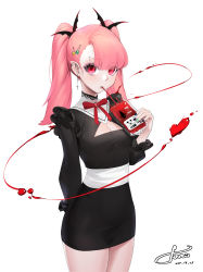 1girl absurdres arm_behind_back bat_hair_ornament black_dress blood blunt_bangs breasts cleavage commentary_request cowboy_shot cup dress drinking drinking_blood drinking_straw earrings fei_mao hair_ornament hairclip hand_up highres holding holding_cup jewelry long_sleeves looking_at_viewer medium_breasts neck_ribbon original pink_hair pointy_ears red_ribbon ribbon short_dress signature simple_background solo twintails white_background