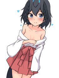 Rule 34 | 1girl, absurdres, alternate costume, bare shoulders, black hair, blue eyes, blush, breasts, collarbone, hair between eyes, head wings, heart, highres, japanese clothes, kemono friends, looking at viewer, miko, off shoulder, red skirt, shiraha maru, shirt, short hair, simple background, skirt, smile, solo, superb bird-of-paradise (kemono friends), white background, white shirt, wings