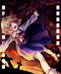 Rule 34 | 1girl, ascot, bird, blonde hair, cross, graveyard, hair ribbon, long sleeves, open mouth, outstretched arms, red eyes, ribbon, rumia, sanso, shirt, skirt, skirt set, smile, solo, sunset, touhou, vest