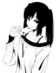 Rule 34 | 1girl, absurdres, cellphone, cellphone strap, greyscale, hand up, highres, holding, holding phone, layered clothes, long hair, long sleeves, looking at viewer, monochrome, nail polish, off-shoulder, off-shoulder sweater, off shoulder, original, phone, rur (ml ruru), smartphone, smile, smug, solo, sweater, twintails, upper body, white background