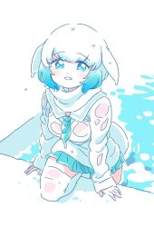Rule 34 | 10s, 1girl, beluga whale (kemono friends) (stylecase), blowhole, blue eyes, blue hair, borrowed character, cetacean tail, fictional persona, fins, fish tail, kemono friends, mitsumoto jouji, multicolored hair, neckerchief, original, pleated skirt, sailor collar, see-through, short hair, skirt, solo, sweater, tail, thighhighs, water, water drop, wet, wet clothes, white hair, zettai ryouiki