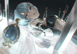 Rule 34 | 2girls, arm strap, bag, black sleeves, blue eyes, blue hair, cape, cutlass, detached sleeves, different reflection, fortissimo, gloves, hair between eyes, hair ornament, highres, long sleeves, looking at viewer, looking to the side, lying, mahou shoujo madoka magica, mahou shoujo madoka magica (anime), mahou shoujo madoka magica movie 1 &amp; 2, marutani, miki sayaka, multiple girls, musical note, musical note hair ornament, night, night sky, on back, open mouth, reflection, ripples, saber (weapon), sakura kyoko, short hair, sky, soul gem, sword, upper body, water, weapon, white cape, white gloves