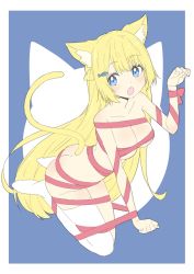 Rule 34 | 1girl, absurdres, animal ears, ass, asymmetrical legwear, bad id, bad twitter id, blonde hair, blue background, blue eyes, blush, bow, braid, breasts, butt crack, cat ears, cat symbol, cat tail, donguri suzume, fish hair ornament, hair ornament, hairclip, hanazono serena, hanazono serena (channel), highres, kneeling, large breasts, long hair, mismatched legwear, naked ribbon, paryi project, paw pose, red ribbon, ribbon, simple background, single thighhigh, tail, thighhighs, virtual youtuber, white thighhighs