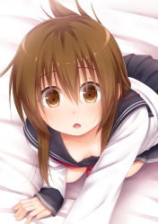 Rule 34 | 10s, 1girl, :o, all fours, breasts, brown eyes, brown hair, downblouse, folded ponytail, haryuu (poetto), inazuma (kancolle), kantai collection, school uniform, serafuku, sidelocks, skirt, sleeves past wrists, small breasts, solo